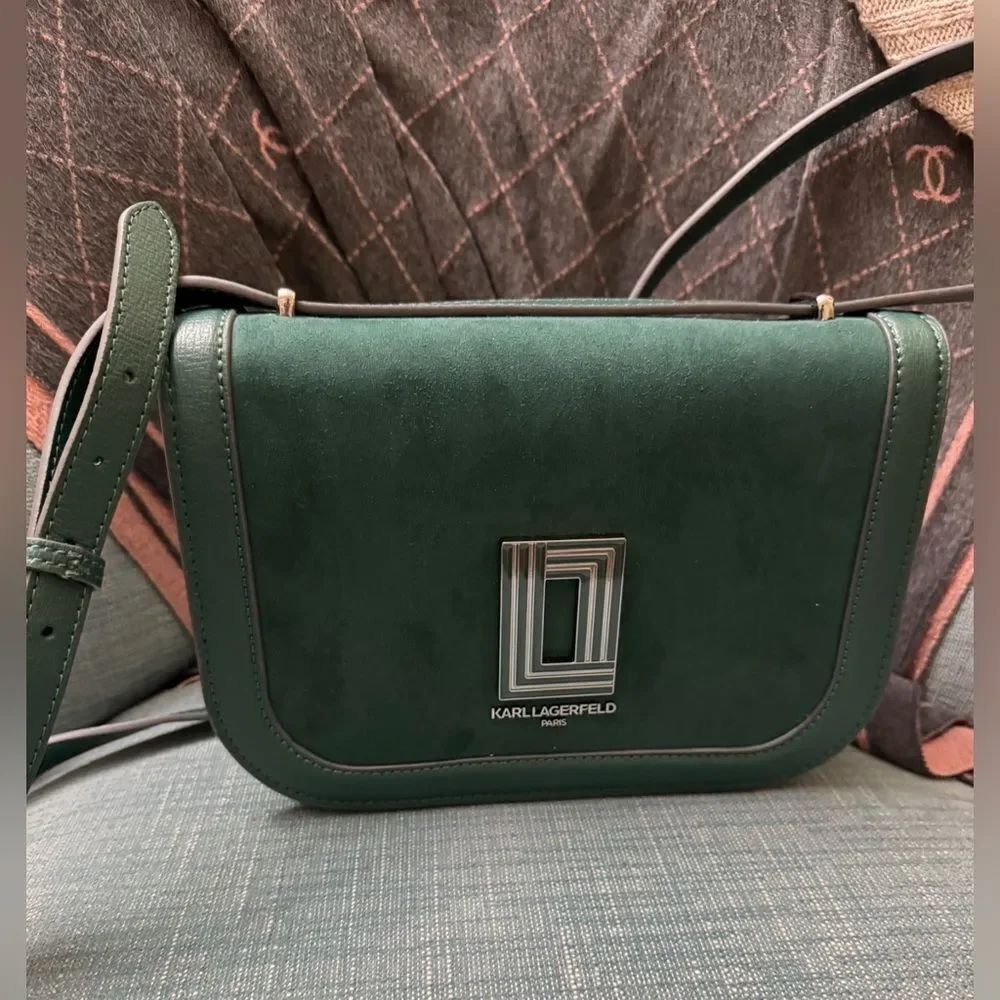 *Karl Lagerfeld Paris* Simone Green Leather Suede Flap Crossbody Handbag